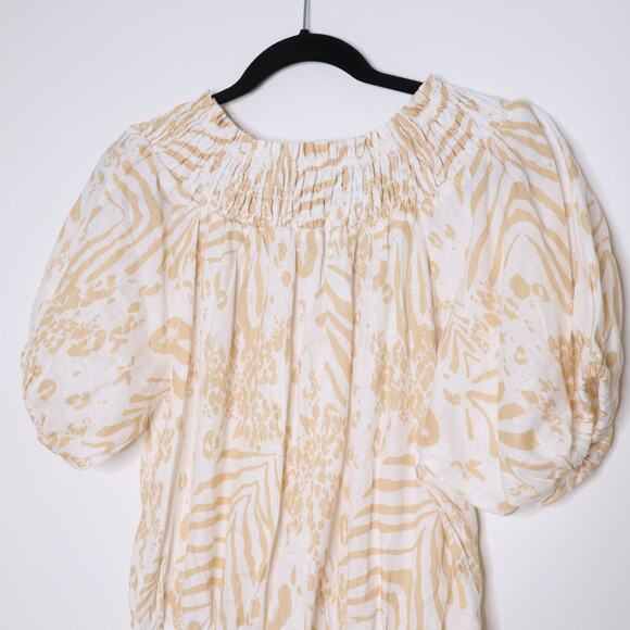 SABO LUXE Camari Linen Dress Smocked Patterned Ruffle Hem White Beige Women's L - Picture 9 of 13